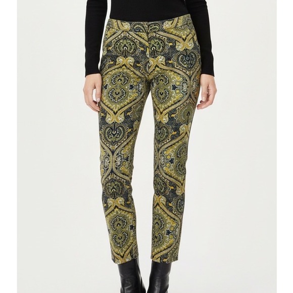 Tommy Hilfiger Green Gold Paisley Cotton Blend Ankle Pants 12 Front Zip - Picture 1 of 9